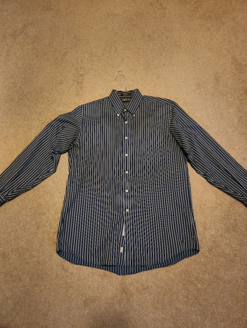 Kirkland Signature Navy and White Striped Button-Down Shirt